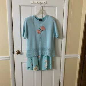 Southern Lady women’s Light Blue Floral Knit Top, matching skirt Pink Embroidery
